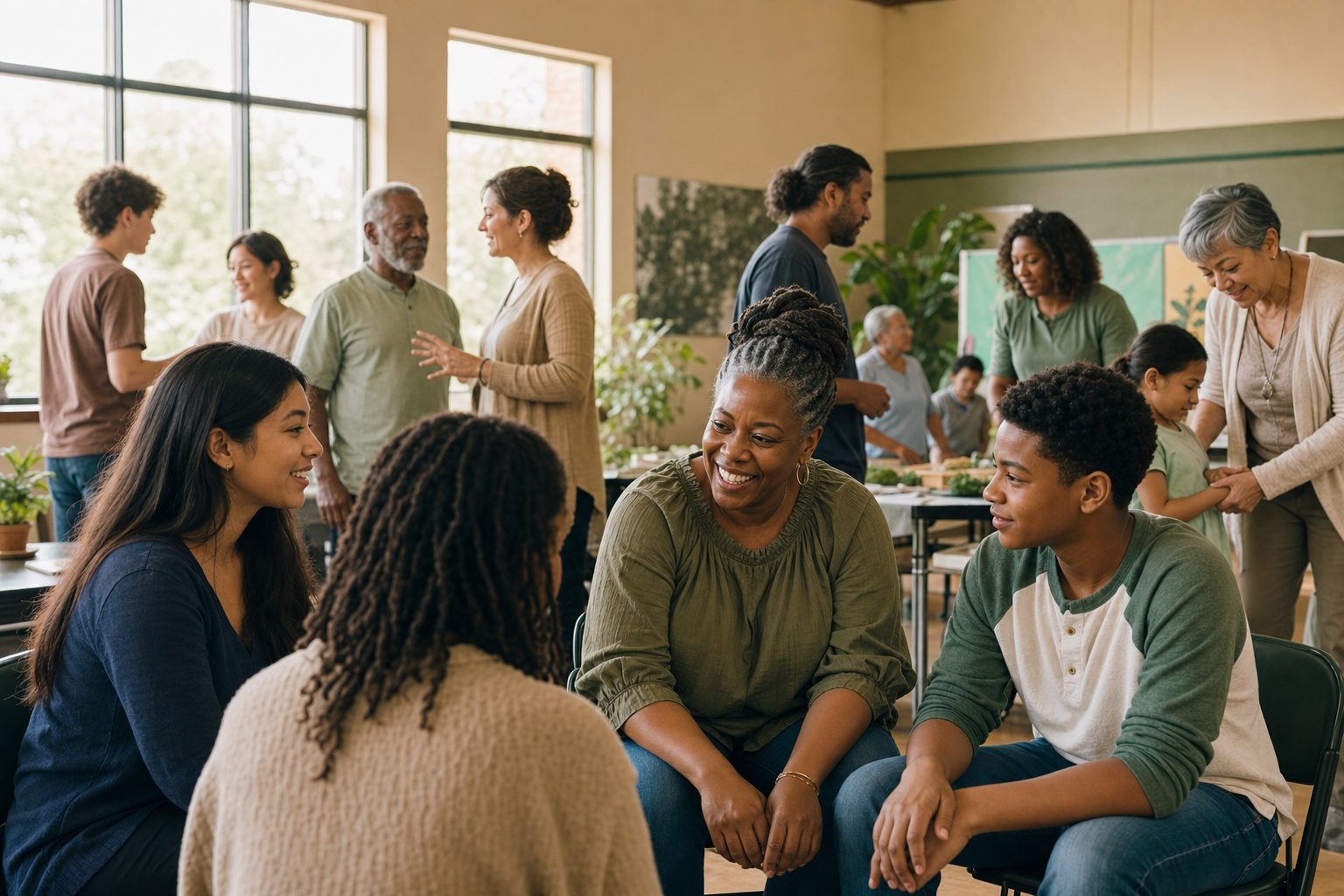 A community group gathered warmly in a sunlit center